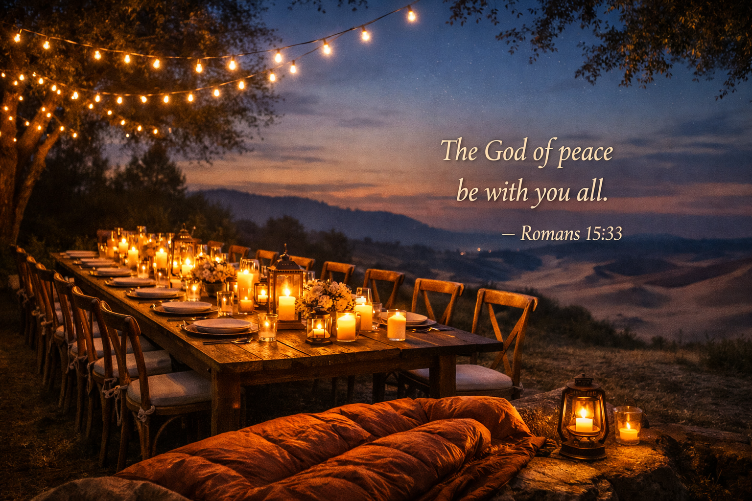 Bible verse wallpaper Romans 15:33 with long dinner table set outdoors at dusk with candles and empty chairs